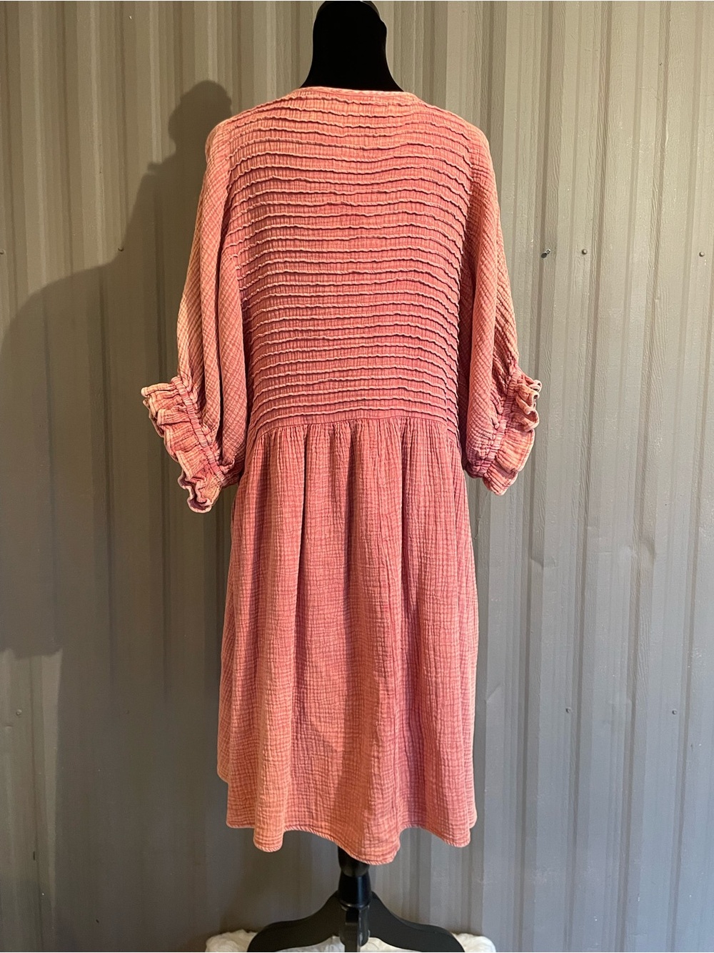 Easel Crinkle Gauze Dress Oversized Boho Midi Balloon Slv Clay Coastal Cottage L - Picture 7 of 13